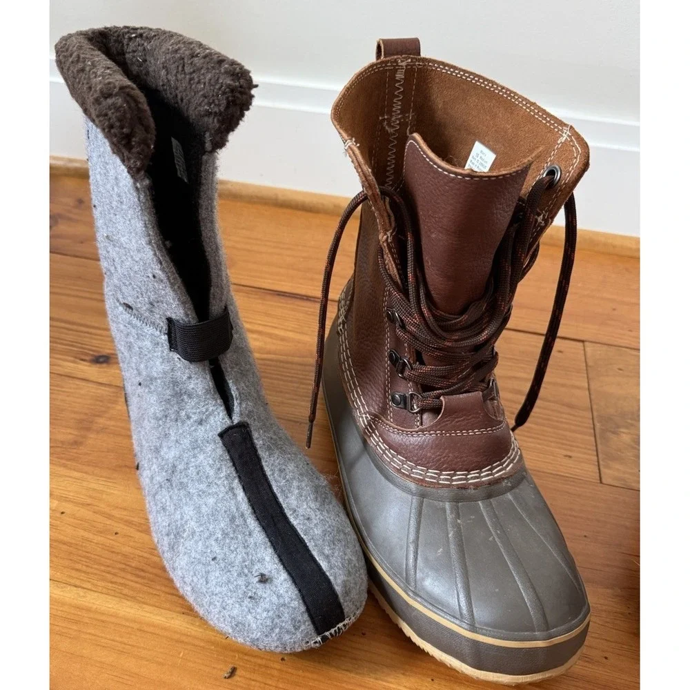 L.L. Bean Men's Snow Boots W/Tumbled Brown Leather Size 10M Felt Faux Fur Insert